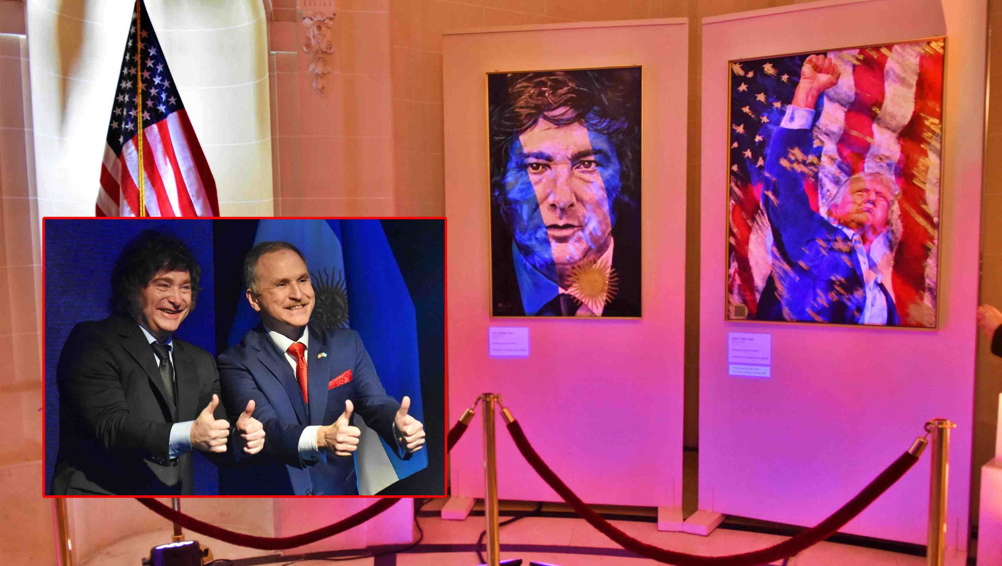 Los retratos de Milei y Trump que pintó Elena Ruseva y que Peter Lamelas compró para su colección personal.
