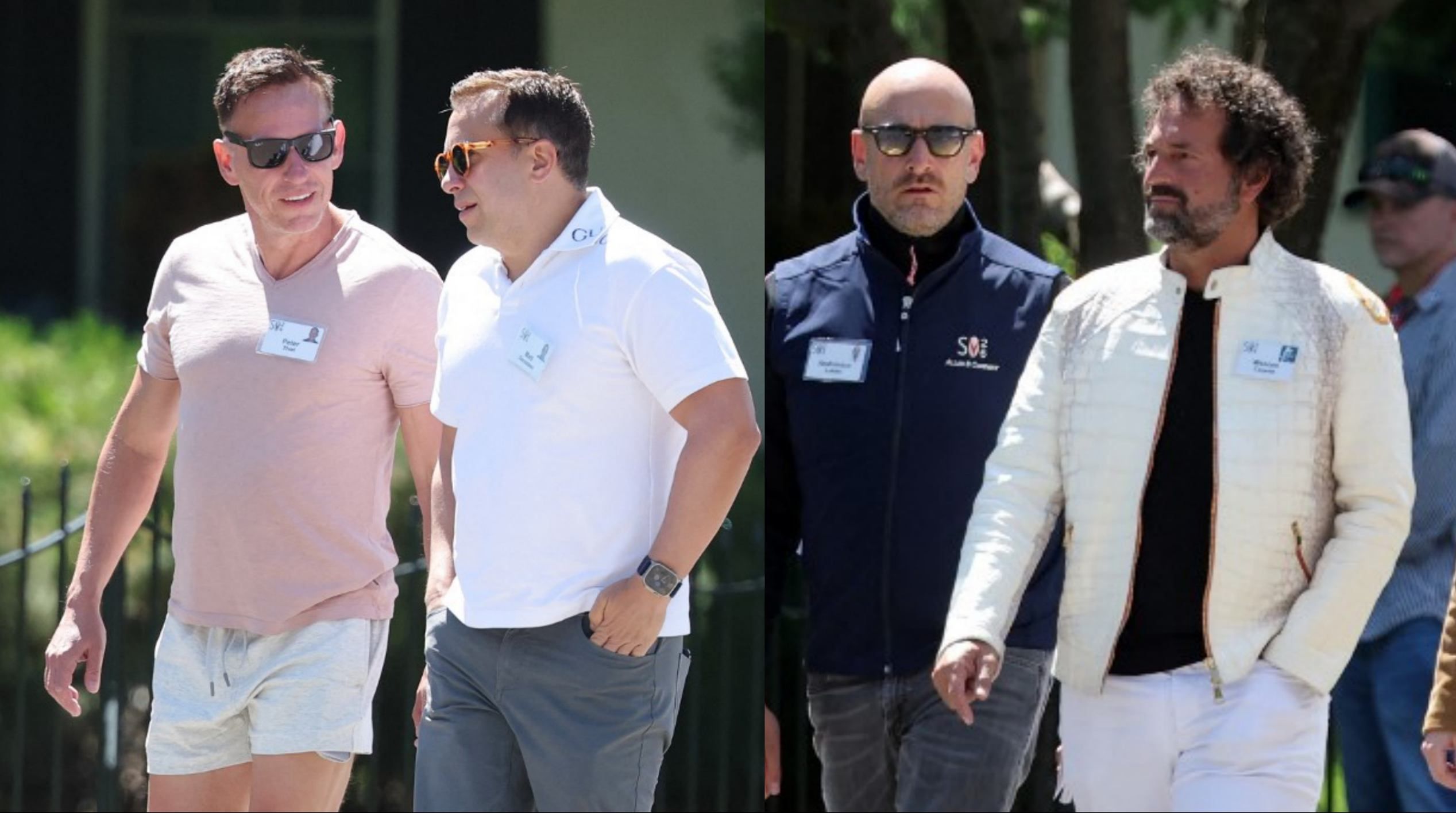 Sun Valley 2026. Peter Thiel y su marido Matt Danzeisen (izq.); Wenceslao Casares (de blanco) y el chileno Andrónico Luksic hijo (der.).