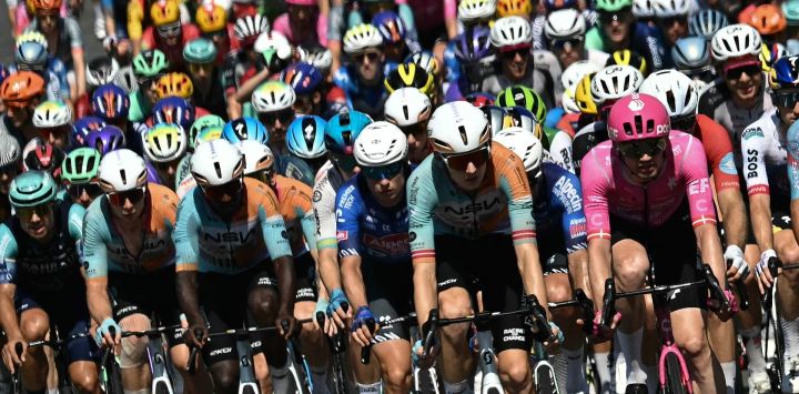 El pelotón de ciclistas pedalea durante la octava etapa de la 113.ª edición del Tour de Francia, un recorrido de 180,4 km entre Périgueux y Bergerac, en el suroeste de Francia.