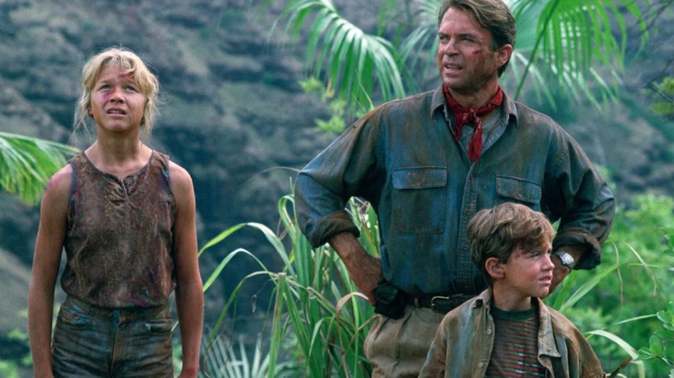 Ariana Richards,  Sam Neill y Joseph Mazzello en Jurassic Park (1993)