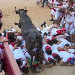 Una ternera salta por encima de los participantes en la plaza de toros mientras corren e intentan esquivarla tras el encierro de las fiestas de San Fermín en Pamplona, al norte de España. | Foto:César Manso / AFP