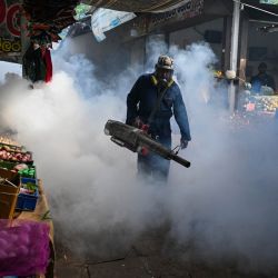 Un trabajador municipal fumiga una zona de mercado durante una campaña de prevención del dengue en Colombo. Sri Lanka está intensificando una campaña respaldada por el ejército para contener la propagación del dengue, transmitido por mosquitos, según declaró un alto funcionario, mientras que el número de fallecidos ascendió a 49 desde principios de año. | Foto:ISHARA S. KODIKARA / AFP