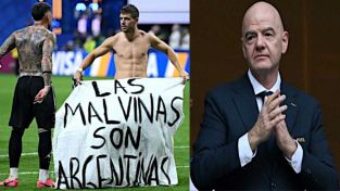 Los jugadores de la selección con la bandera de Malvinas e Infantino 16072026
