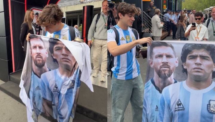 Franco Colapinto llegó al GP de Bélgica en modo Mundial: mate, camiseta argentina y una bandera de Messi y Maradona