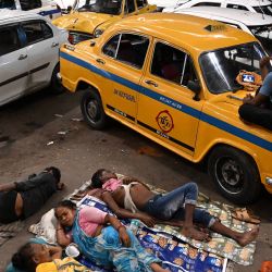 Conductores del emblemático taxi amarillo Hindustan Ambassador de Calcuta, India, en una parada de taxis. | Foto:DIBYANGSHU SARKAR / AFP