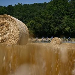 El pelotón de ciclistas pasa junto a fardos de heno en un campo durante la octava etapa de la 113.ª edición del Tour de Francia, un recorrido de 180,4 km entre Périgueux y Bergerac, en el suroeste de Francia. | Foto:LOIC VENANCE / AFP