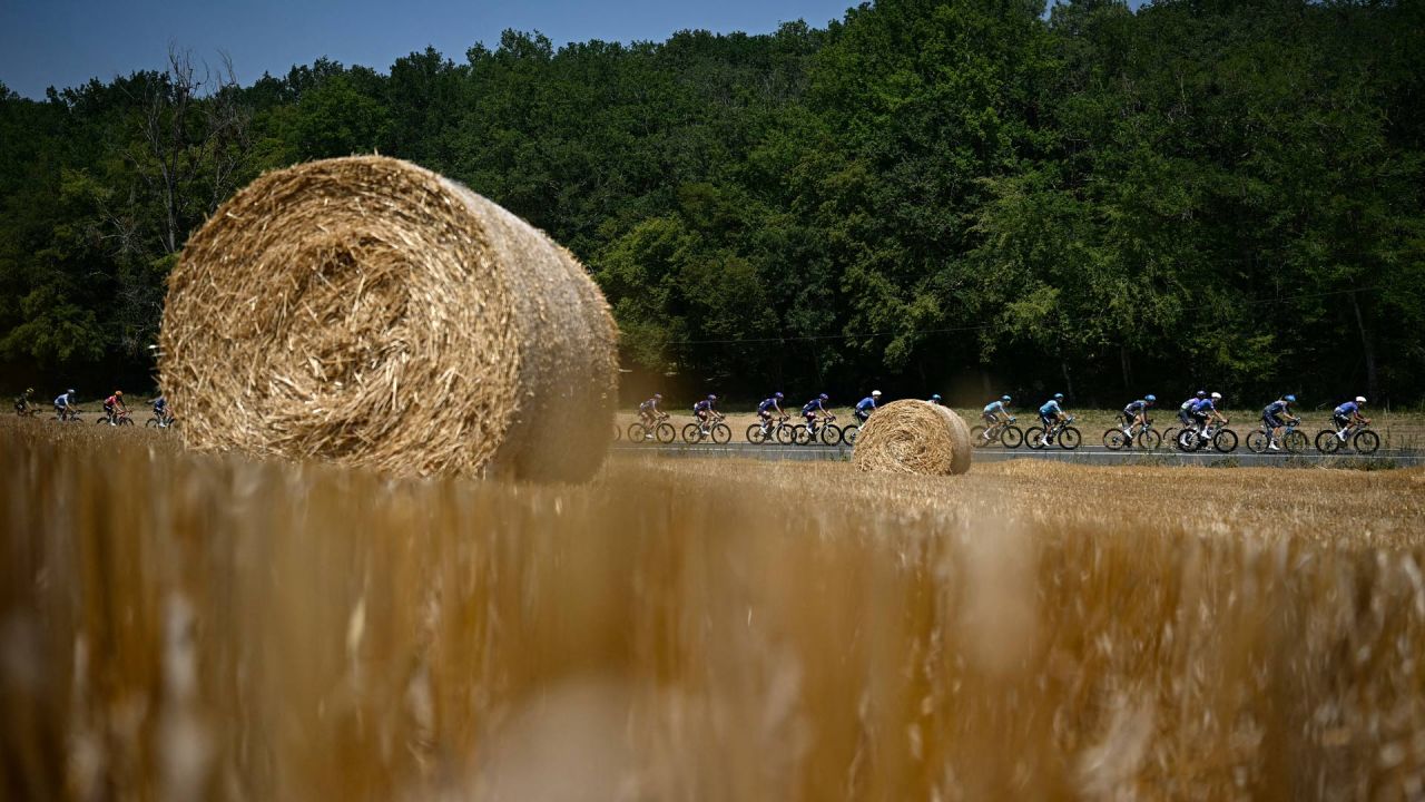 El pelotón de ciclistas pasa junto a fardos de heno en un campo durante la octava etapa de la 113.ª edición del Tour de Francia, un recorrido de 180,4 km entre Périgueux y Bergerac, en el suroeste de Francia. | Foto:LOIC VENANCE / AFP