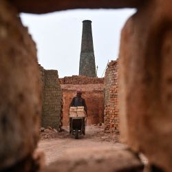 Un trabajador empuja una carretilla en un horno de ladrillos en Sheikhupura, en la provincia de Punjab, Pakistán. | Foto:Arif Ali / AFP