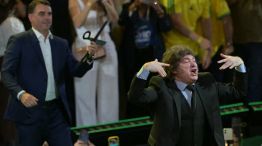 Milei en el acto en Brasil, en apoyo a Flávio Bolsonaro.