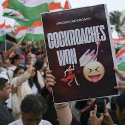 Un manifestante con una pancarta celebra la renuncia del ministro de Educación de la India, Dharmendra Pradhan, en Mumbai, en solidaridad con las protestas nacionales por las presuntas irregularidades en el examen NEET. El ministro de Educación de la India, Dharmendra Pradhan, renunció tras las protestas masivas lideradas por jóvenes que exigían su destitución, indignados por una serie de irregularidades en exámenes que podrían cambiarles la vida. | Foto:Indranil Mukherjee / AFP