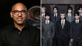 El director ejecutivo de la Academia de la Grabación, Harvey Mason Jr. y BTS