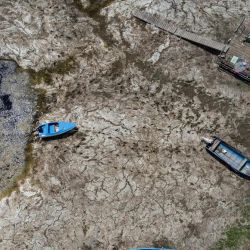 Una fotografía aérea muestra barcos varados en el lecho seco del río Danubio frente al puente Calafat-Vidin, que conecta Bulgaria y Rumania cerca del pueblo de Antimovo, en el sureste de Bulgaria. En la ciudad rumana de Corabia, a orillas del Danubio, algunos barcos se encuentran encallados en aguas poco profundas llenas de algas en el puerto turístico, que permanece desierto ya que los barcos no pueden atracar debido a los bancos de arena. | Foto:NIKOLAY DOYCHINOV / AFP