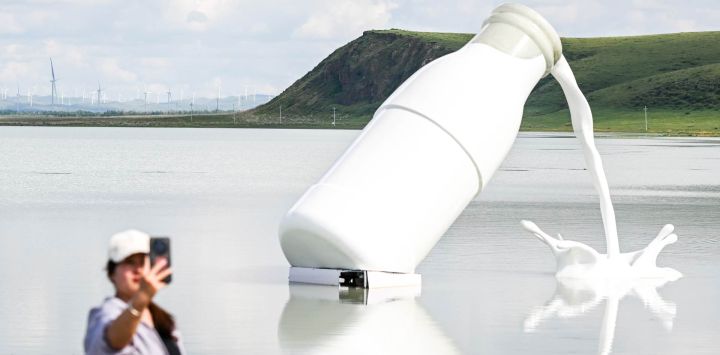 Una turista se toma una fotografía en el lago Baiyin Chagan o "Lago de Leche", en la liga de Xilin Gol, en la región autónoma de Mongolia Interior, en el norte de China. El lago es apodado "Lago de Leche" porque pequeñas partículas minerales flotan en el agua, volviéndola de un color blanco cremoso como la leche.