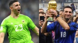 Dibu Martinez y Lionel Scaloni
