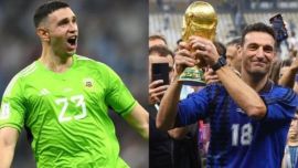 Dibu Martinez y Lionel Scaloni