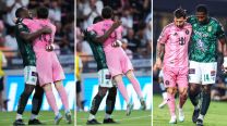 Jhohan Romaña abraza a Lionel Messi durante el partido de la Leagues Cup entre el Inter Miami CF y el León el 12 de agosto de 2026 en Miami