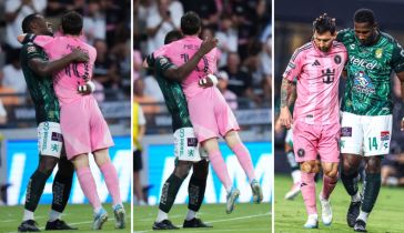 Jhohan Romaña abraza a Lionel Messi durante el partido de la Leagues Cup entre el Inter Miami CF y el León el 12 de agosto de 2026 en Miami