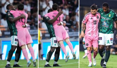 Jhohan Romaña abraza a Lionel Messi durante el partido de la Leagues Cup entre el Inter Miami CF y el León el 12 de agosto de 2026 en Miami