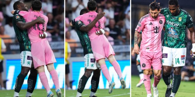 Jhohan Romaña abraza a Lionel Messi durante el partido de la Leagues Cup entre el Inter Miami CF y el León el 12 de agosto de 2026 en Miami