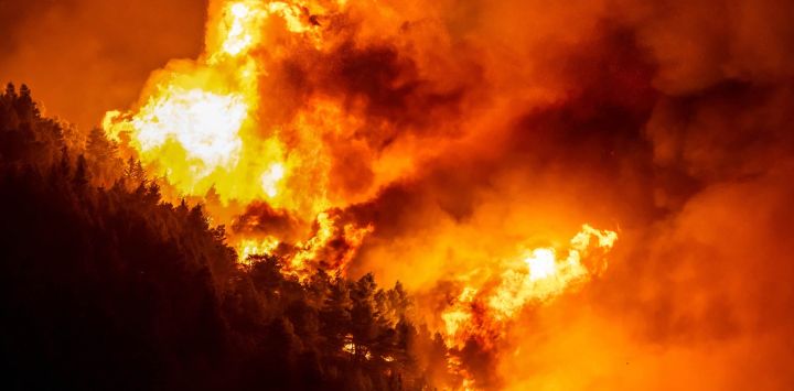 Esta fotografía muestra una zona boscosa envuelta en llamas durante un voraz incendio forestal cerca de la ciudad de Omis, a unos 30 kilómetros al sur de Split, Croacia. Los bomberos croatas lucharon durante la noche contra "uno de los peores" incendios forestales en la historia del país, según informaron las autoridades, mientras las llamas arrasaban viviendas y dejaban 19 heridos en la costa. Cientos de personas se vieron obligadas a evacuar las aldeas cercanas a Omis a medida que el fuego, que había comenzado en la localidad de Lokva Rogoznica, se extendía por las colinas circundantes.