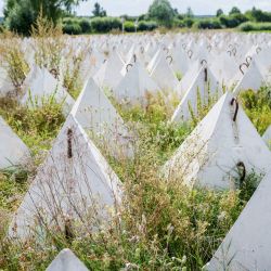 En la zona de Piedruja, durante la visita del presidente de Letonia, quien inspeccionará la frontera entre Letonia y Bielorrusia, se pueden observar los llamados dientes de dragón, obstáculos antitanque piramidales de hormigón armado utilizados para impedir el paso de vehículos militares. | Foto:Gints Ivuskans / AFP