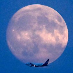 Un avión Airbus A320-214 de la aerolínea alemana Lufthansa sobrevuela la luna gibosa creciente sobre Fráncfort del Meno, en el oeste de Alemania. | Foto:KIRILL KUDRYAVTSEV / AFP