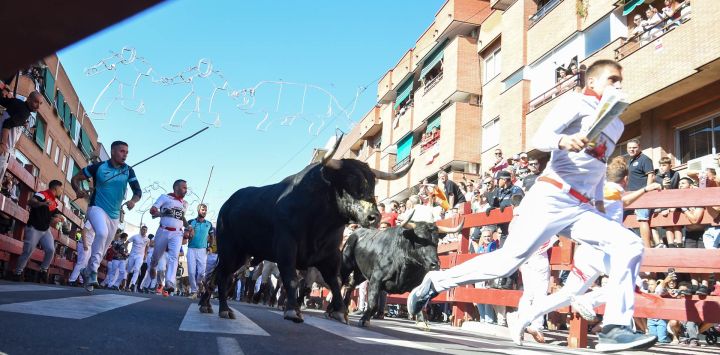 Personas asisten al encierro de toros en una calle de San Sebastián de los Reyes, España. El encierro de toros es un evento tradicional que se lleva a cabo en muchos poblados y ciudades de toda España, a menudo como parte de las fiestas locales.
