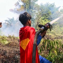 El estudiante indonesio Rudiansyah (derecha), vestido con un disfraz de Superman, ayuda a extinguir un incendio forestal en Petuk Katimpun, Palangkaraya, Kalimantan Central, Indonesia. | Foto:REINA / AFP