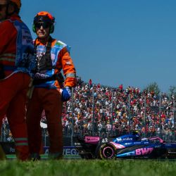 El piloto argentino de Alpine, Franco Colapinto, conduce durante la primera sesión de entrenamientos libres del Gran Premio de Italia de Fórmula 1 en el Autódromo Nacional de Monza, en Monza, al norte de Italia. | Foto:ANDREJ ISAKOVIC / AFP