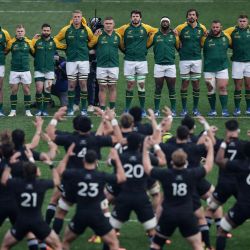 Jugadores sudafricanos observan a jugadores neozelandeses realizar el Haka durante el tercer partido internacional de rugby union de la Gran Rivalidad del Rugby entre Sudáfrica y Nueva Zelanda en el estadio FNB de Johannesburgo. | Foto:Phill Magakoe / AFP