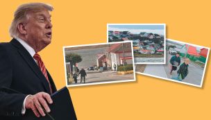 Trump hablando en Irlanda. Al lado imágenes de la vida en Malvinas.