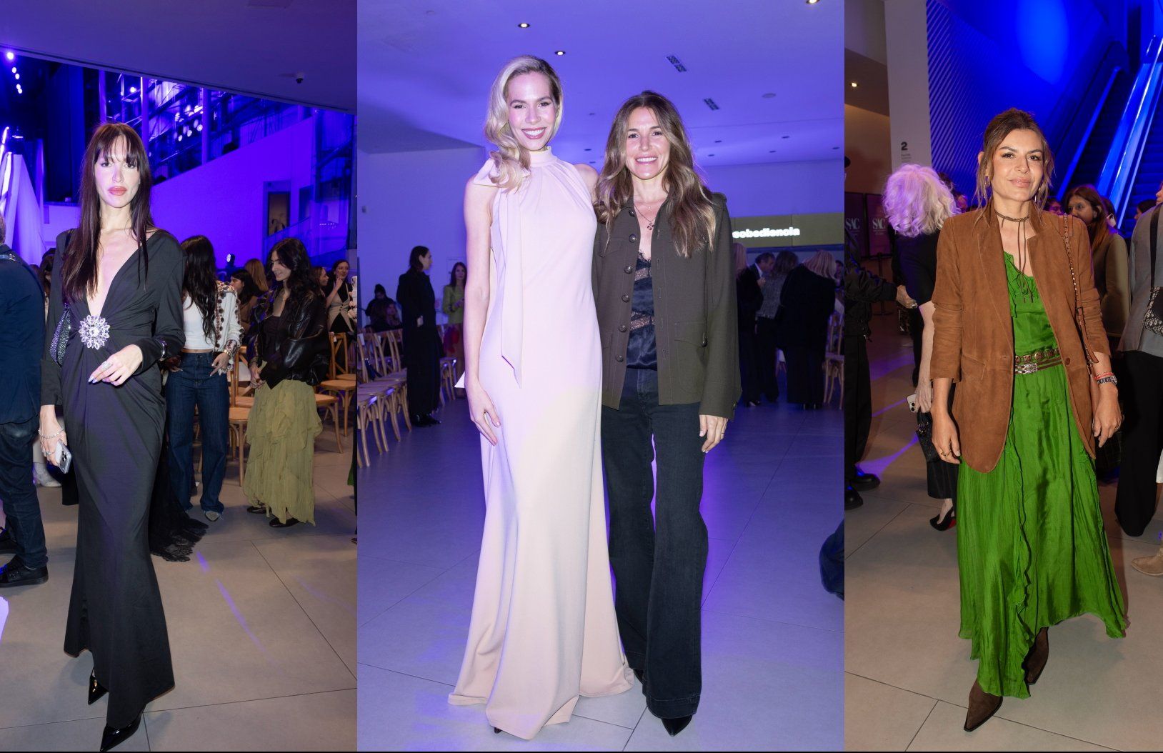 (De izq. a der.) Eleonore de Rocheoucauld; Elina Costantini y Vicky Miranda; y Sandra Castellanos en el desfile de Camila Romano en la SAC.
