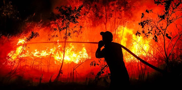 Un bombero de la Agencia Regional de Gestión de Desastres sofoca un incendio forestal en la localidad de Sungai Rambutan, en Ogan Ilir (Sumatra Meridional). Una bruma tóxica ha cubierto partes de Indonesia y Malasia durante semanas, mientras Yakarta lucha por contener los incendios que han arrasado grandes extensiones de Borneo y Sumatra, y cuyo humo se desplaza hacia los países vecinos: Malasia, Singapur y Brunéi.