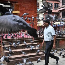 Un hombre pasa frente a un templo en Katmandú, Nepal. | Foto:PEDRO PARDO / AFP