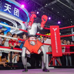 Imagen de un robot realizando boxeo en la Convención Mundial de Manufactura (WMC, por sus siglas en inglés) 2026, en Hefei, en la provincia de Anhui, en el este de China. La WMC 2026 en curso exhibe una amplia gama de aplicaciones de robots. | Foto:Xinhua/Chang Nengjia