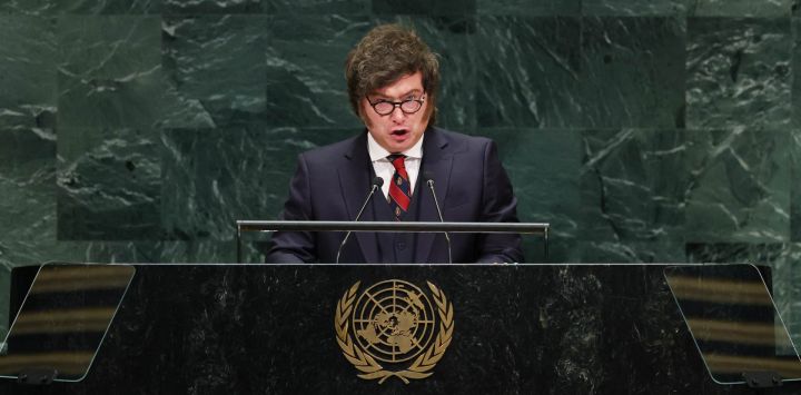 El presidente de Argentina, Javier Milei, interviene durante la 81.ª Asamblea General de las Naciones Unidas en la sede de la ONU en Nueva York.