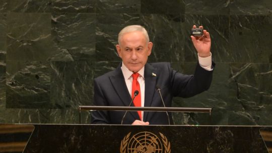 El primer ministro Benjamin Netanyahu dirigiéndose a la Asamblea General de las Naciones Unidas