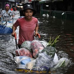 Vendedores transportan productos agrícolas a través de aguas inundadas en el distrito de Bang Kapi, Bangkok. Ocho personas han fallecido debido a las inundaciones en Tailandia aunque ninguna en la capital, Bangkok, que declaró el estado de desastre este fin de semana tras las fuertes lluvias. | Foto:LILLIAN SUWANRUMPHA / AFP