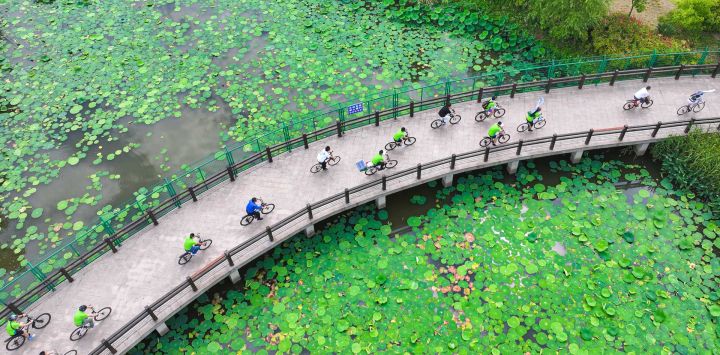 Vista aérea tomada con un dron de entusiastas circulando en bicicleta en un parque de humedales en la Zona de Desarrollo Económico y Tecnológico de Nantong, en la provincia de Jiangsu, en el este de China. En los últimos años, el Gobierno local de la Zona de Desarrollo Económico y Tecnológico de Nantong ha realizado esfuerzos en la gestión del entorno ribereño a lo largo del río Yangtze, construyendo un parque de humedales, una zona de turismo ecológico frente al río y creando espacios de ocio y ecológicos para los ciudadanos.