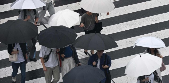 Unos peatones cruzan una calle con paraguas en el distrito de Shinjuku, en Tokio, Japón.
