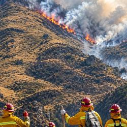 Esta imagen facilitada por el IX Cuerpo de Bomberos Regional de Cusco muestra a bomberos peruanos observando un incendio en el Valle Sagrado de los Incas, cerca de la vía principal de acceso a Machu Picchu, en las inmediaciones del centro poblado de Yanahuara, departamento de Cusco, Perú. | Foto:IX Cuerpo de Bomberos Regional de Cusco / AFP