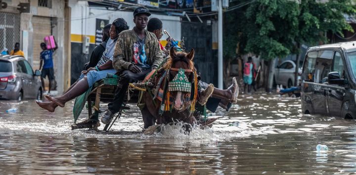 Un carro tirado por caballos transporta pasajeros por una calle inundada en Dakar. Las fuertes lluvias anegaron zonas de Senegal; el presidente Bassirou Diomaye Faye declaró que había recibido "con profunda tristeza" la noticia de las muertes causadas por los aguaceros. Faye añadió que el gobierno estaba "plenamente movilizado" y reforzaría la vigilancia en las zonas vulnerables.