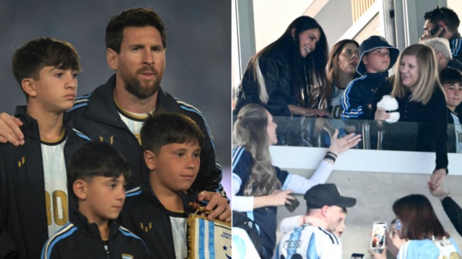 Antonela Roccuzzo y Celia Cuccittini, esposa y madre de Lionel Messi, y sus hijos antes del último partido del capitán en la Selección