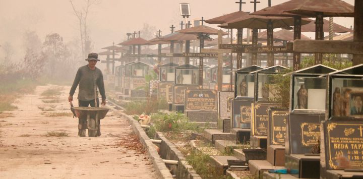 Un trabajador empuja una carretilla por un cementerio público cubierto por una densa capa de humo, causada por incendios forestales y de vegetación en Palangka Raya, provincia de Kalimantan Central. Indonesia ha sufrido grandes incendios forestales, mientras que el fenómeno meteorológico de calentamiento El Niño —que comenzó en junio y alcanzará su punto máximo a finales de este año— podría provocar más incendios en el sudeste asiático.
