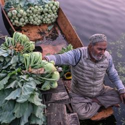 Un comerciante de vegetales vende su producto en un barco por la mañana en un mercado de vegetales flotante, en el lago Dal, en Srinagar, capital de verano de Cachemira. | Foto:Xinhua/Javed Dar