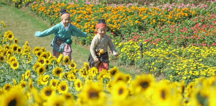 Niños corren entre flores, en la aldea de Longshanhu, en la provincia de Jiangsu, en el este de China.