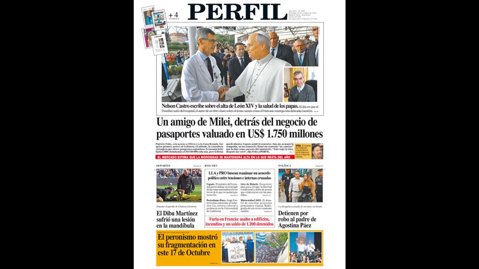 La tapa del Diario PERFIL del domingo 18 de octubre de 2026