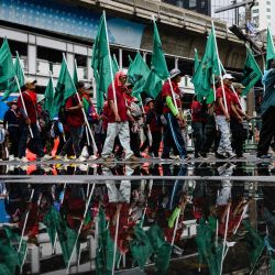 Manifestantes marchan bajo una pasarela durante una protesta contra el Fondo Monetario Internacional (FMI) y el Grupo del Banco Mundial en Bangkok, mientras se celebran las reuniones anuales del FMI en la capital tailandesa. | Foto:Anthony Wallace / AFP