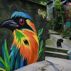Un soldado salvadoreño monta guardia en un pasaje estrecho de la comunidad 10 de Octubre, frente a un mural pintado por el artista Carlos Clímaco, en San Marcos, El Salvador. El proyecto artístico busca transformar la identidad de una comunidad históricamente afectada por la violencia de las pandillas. | Foto:MARVIN RECINOS / AFP