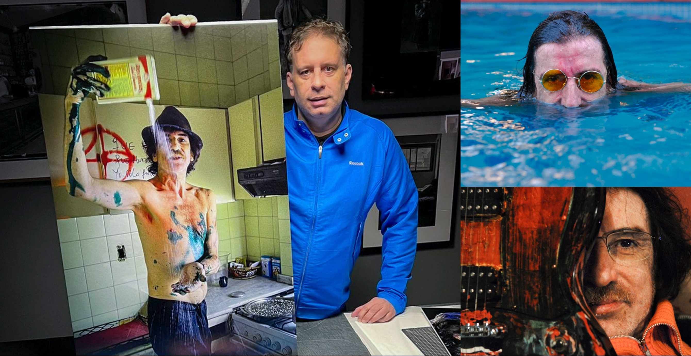 Maxi Vernazza con fotos icónicas que él le tomó a Charly García en diez años de relación artística.
